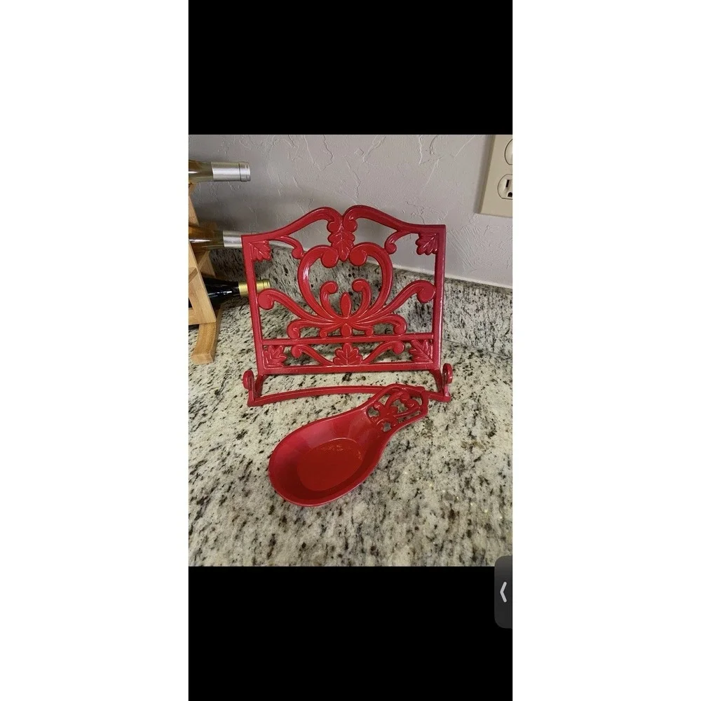 Red Enameled Cast Iron Cookbook Stand Spoon Rest Set Ornate Kitchen Decor